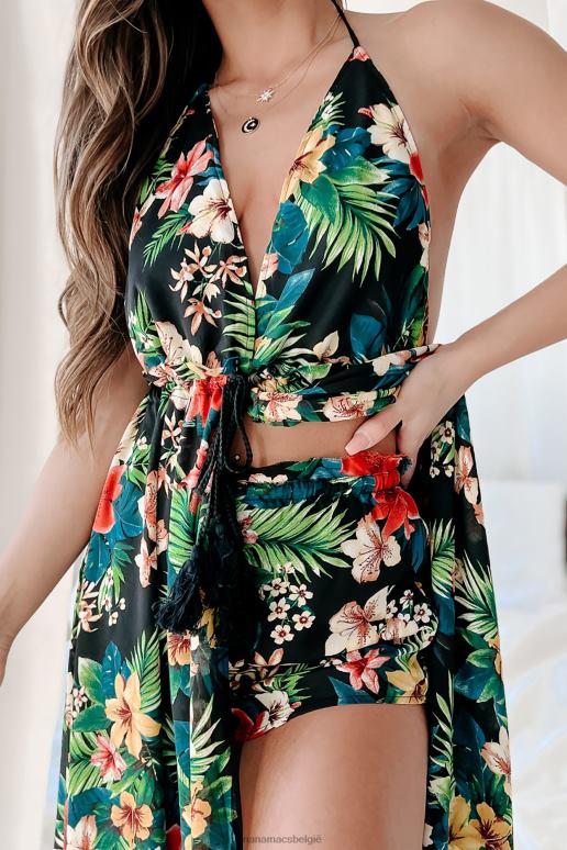 zwart multi ergens op vakantie bloemenprint tweedelige korte set NanaMacs HPTT1582