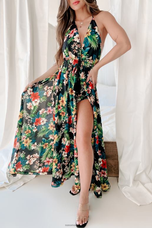 zwart multi ergens op vakantie bloemenprint tweedelige korte set NanaMacs HPTT1582