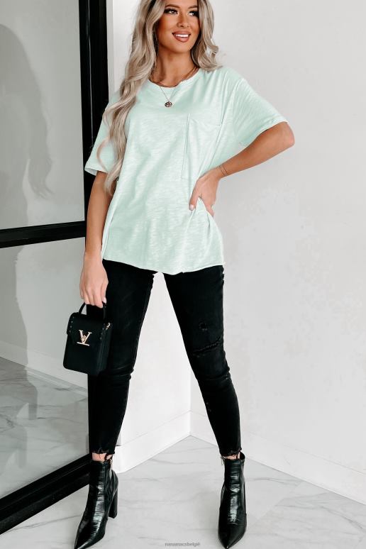 lichte munt oversized slub gebreid T-shirt met zak NanaMacs HPTT696