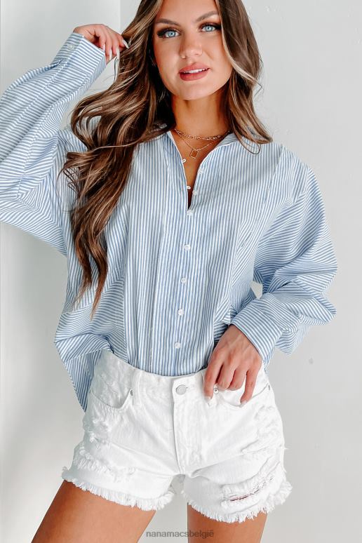 blauw Wit het tellen van de dagen gestreepte top met lange mouwen en knopen aan de voorkant NanaMacs HPTT885