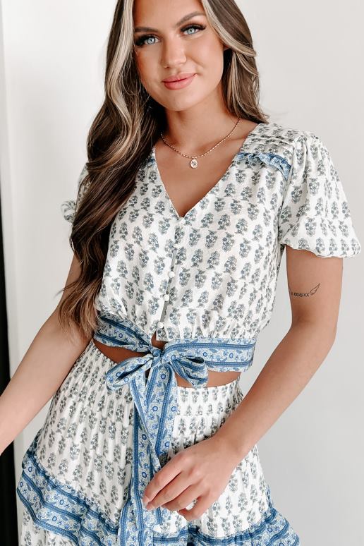 blauw/ivoor gratis eerlijke gebloemde top met strik aan de voorkant NanaMacs HPTT876