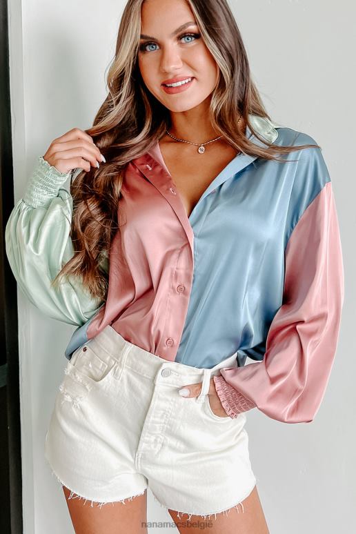 blauwe multi levend colorblock top met lange mouwen aan de voorkant NanaMacs HPTT1706