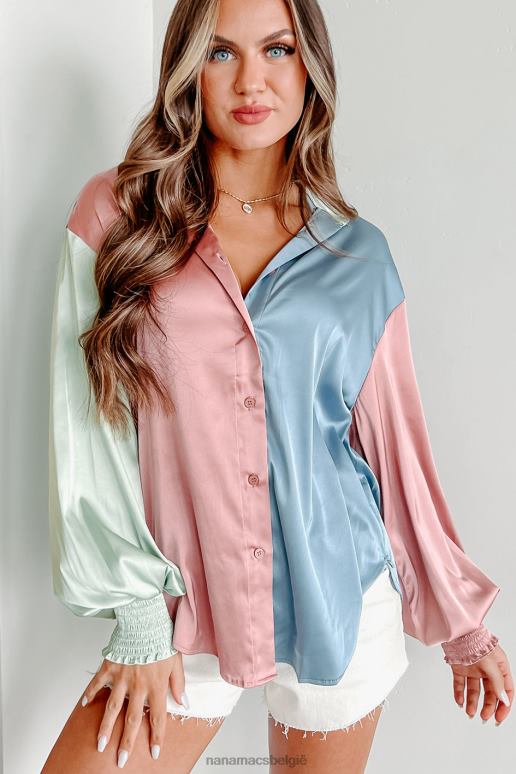 blauwe multi levend colorblock top met lange mouwen aan de voorkant NanaMacs HPTT1706