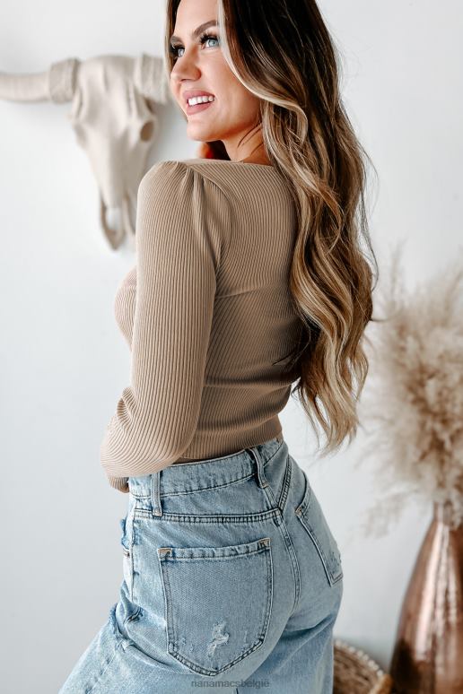 khaki geruchtenmolen geribbelde top met lange mouwen NanaMacs HPTT716