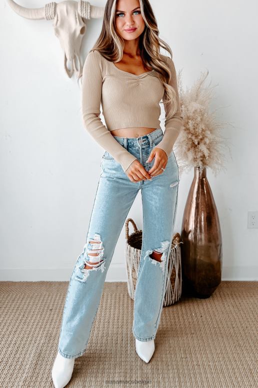 khaki geruchtenmolen geribbelde top met lange mouwen NanaMacs HPTT716