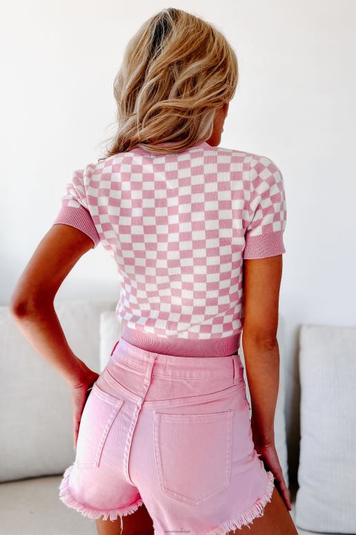 roze trendy cropped sweatertop met ruitjesprint en knopen NanaMacs HPTT1448