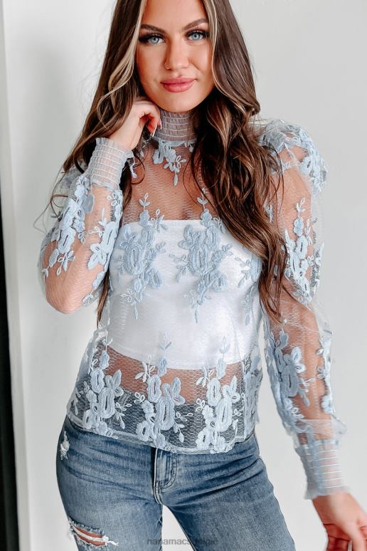 stoffig blauw verliefd op je doorschijnende mesh top met opstaande kraag NanaMacs HPTT1232