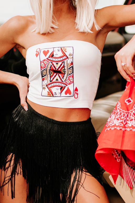 wit koningin van de kaarten geborduurde tube top NanaMacs HPTT1168