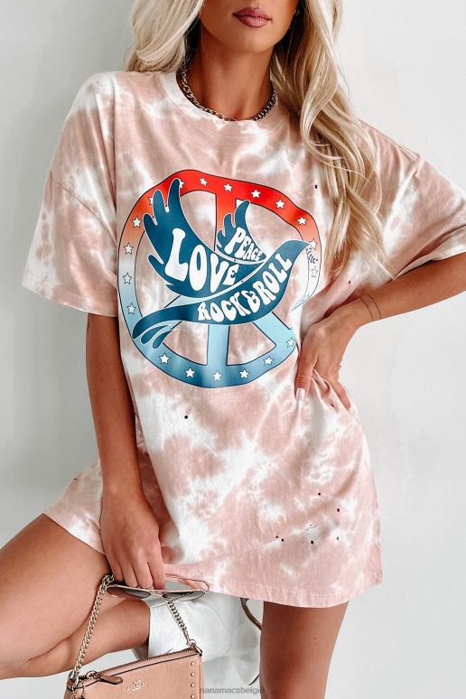 pastelroze peace love rock roll oversized distressed tie-dye grafisch t-shirt NanaMacs HPTT1078