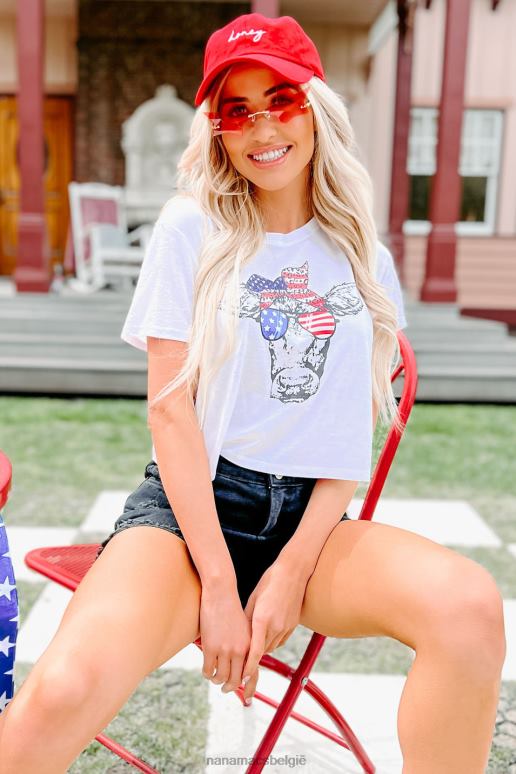 wit a-moo-rica cropped koe grafisch T-shirt NanaMacs HPTT1090