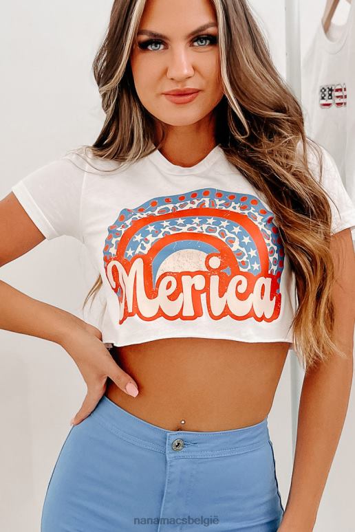 wit regenboogrevolutie crop-t-shirt met grafische zoom en onafgewerkte zoom NanaMacs HPTT799