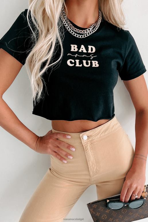zwart/beige bad moms club cropped T-shirt met onafgewerkte zoom en graphic NanaMacs HPTT768