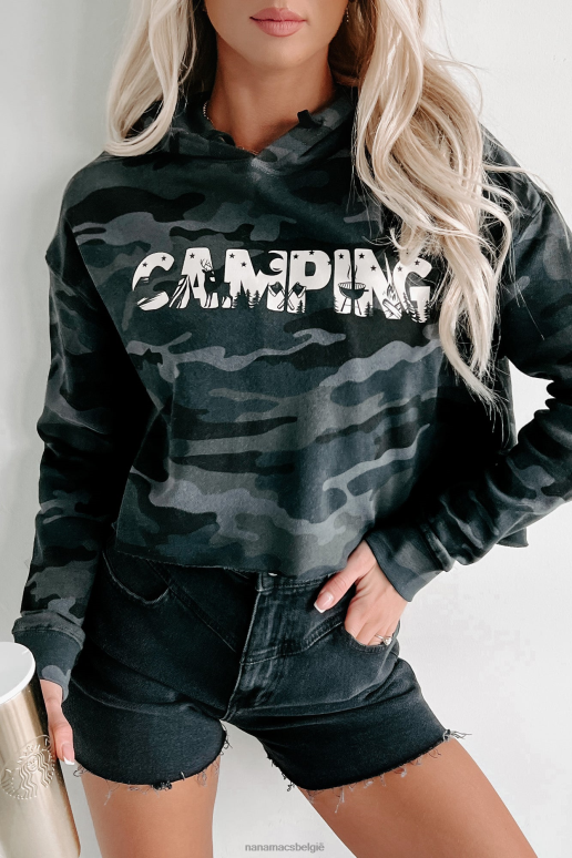 zwarte camouflage let's camp cropped grafische hoodie NanaMacs HPTT1012