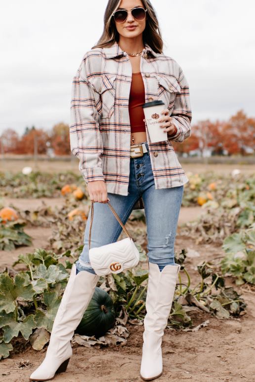 beige blijf op geruite shacket NanaMacs HPTT3665