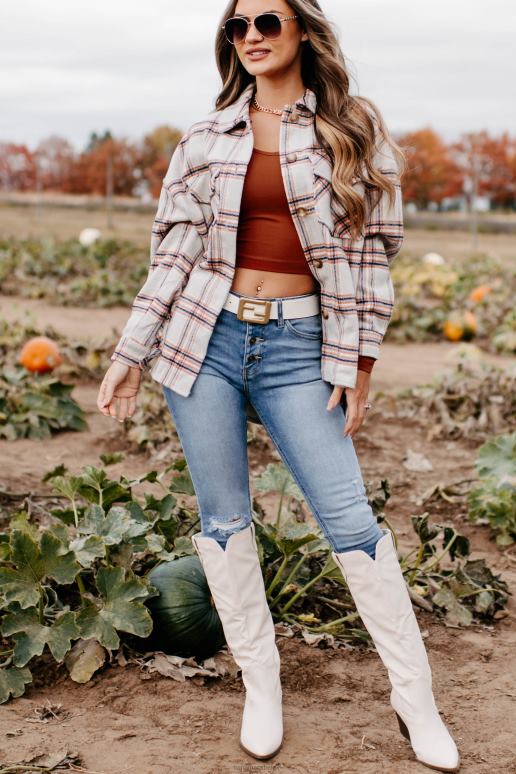 beige blijf op geruite shacket NanaMacs HPTT3665