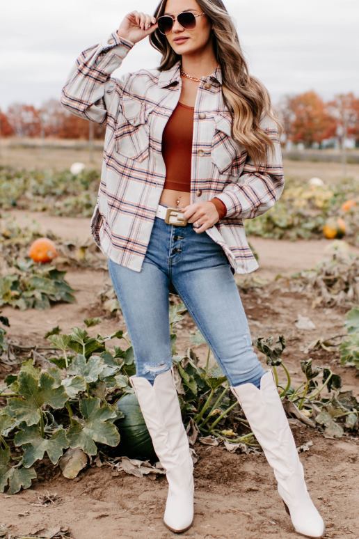 beige blijf op geruite shacket NanaMacs HPTT3665