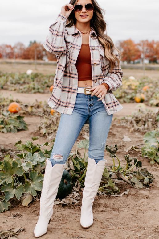 beige blijf op geruite shacket NanaMacs HPTT3665