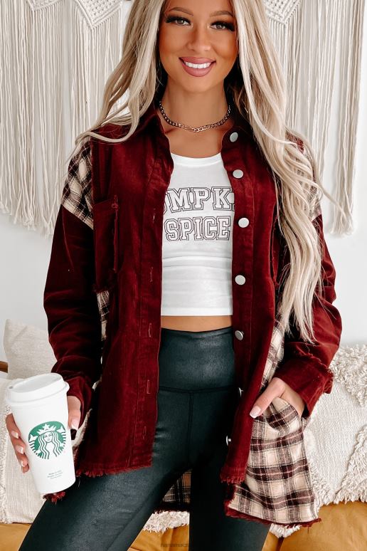 bordeaux combi omarmen veranderen corduroy/geruite shacket NanaMacs HPTT3677