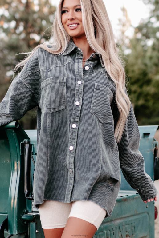 grijs cowgirl alsjeblieft corduroy patch distressed shacket NanaMacs HPTT3711