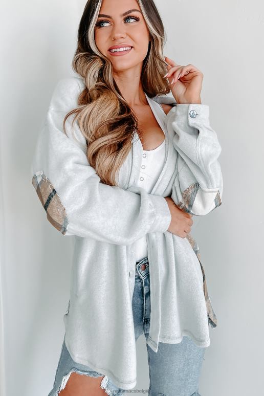 grijs open vragen fleece shacket met geruit contrasterend paneel NanaMacs HPTT1774