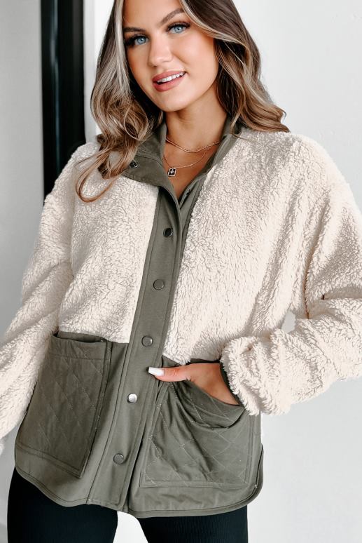 olijf/crème kwestie van tijd sherpa gewatteerde pocket shacket NanaMacs HPTT3649