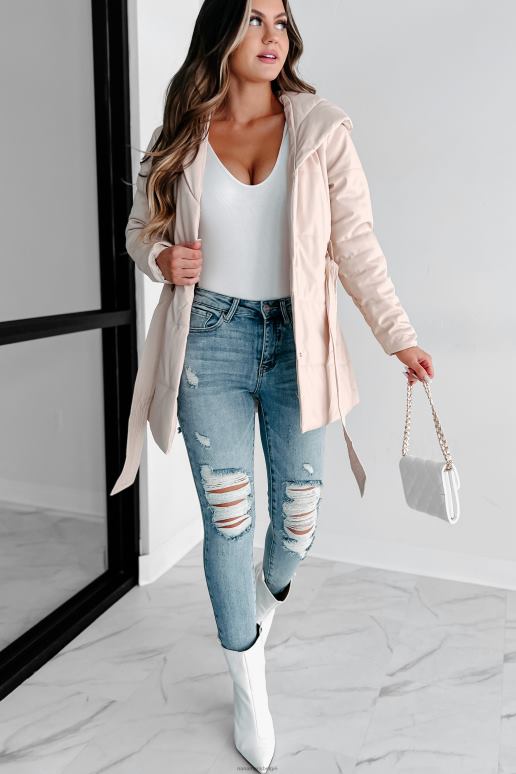 beige Winterse winden pufferjas van imitatieleer met capuchon NanaMacs HPTT3797