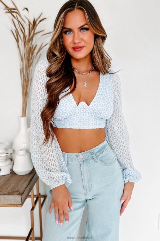 babyblauw Gestructureerde crop top van kant met gestrikte achterkant en kostbare glimlachen NanaMacs HPTT1393