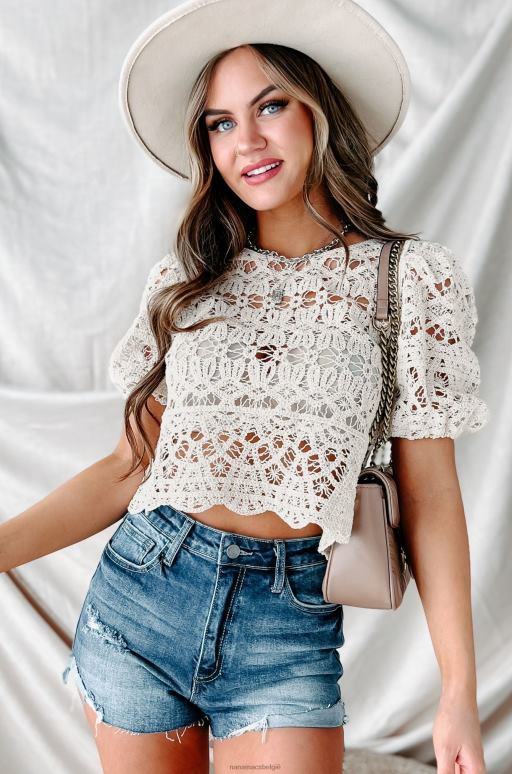 beige meestal verliefd gehaakte crop top met pofmouwen NanaMacs HPTT962