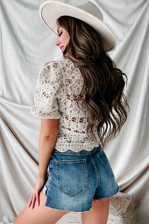 beige meestal verliefd gehaakte crop top met pofmouwen NanaMacs HPTT962