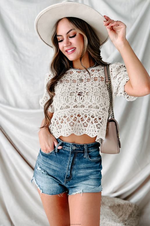 beige meestal verliefd gehaakte crop top met pofmouwen NanaMacs HPTT962