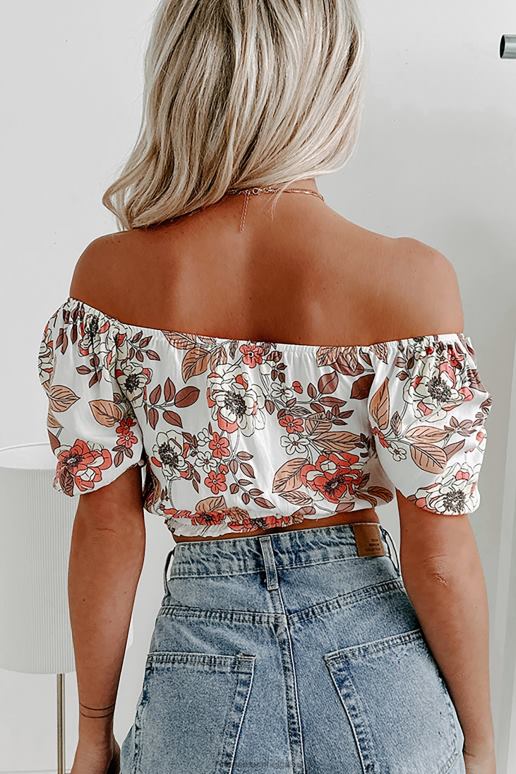 beige zomerweer off-shoulder gebloemde crop top NanaMacs HPTT781