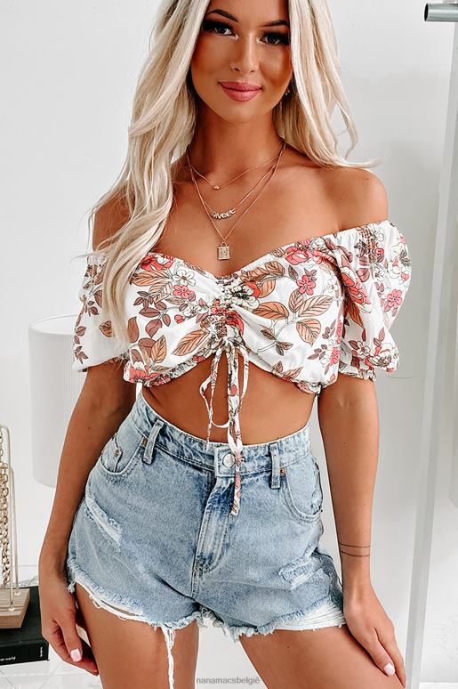 beige zomerweer off-shoulder gebloemde crop top NanaMacs HPTT781