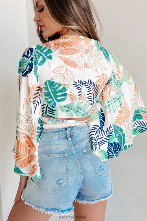 blauw crop top met kimonomouwen en gestrikte voorkant voor tropische vibes NanaMacs HPTT869