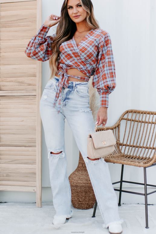 blauwe multi rustieke geruite overslag crop top NanaMacs HPTT1309