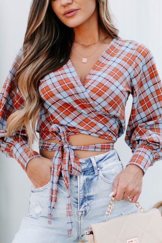 blauwe multi rustieke geruite overslag crop top NanaMacs HPTT1309