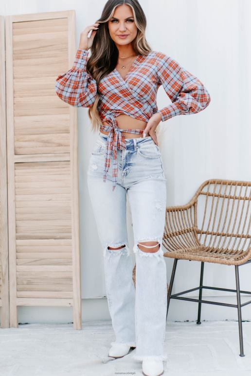 blauwe multi rustieke geruite overslag crop top NanaMacs HPTT1309