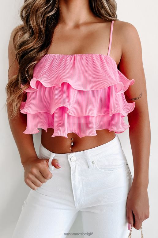 bubblegum roze wuivende handpalmen gelaagde geplooide crop top met ruches NanaMacs HPTT13