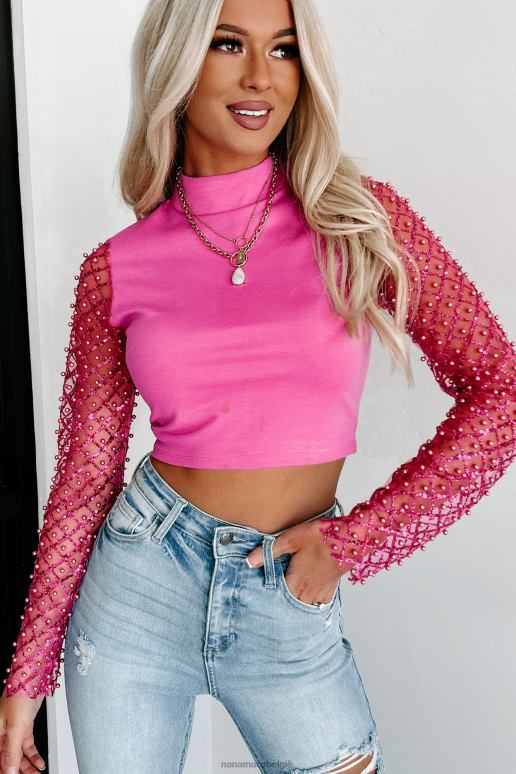 fuchsia noem het zoals ik het zie crop-top met opstaande kraag en paillettenmouwen NanaMacs HPTT112