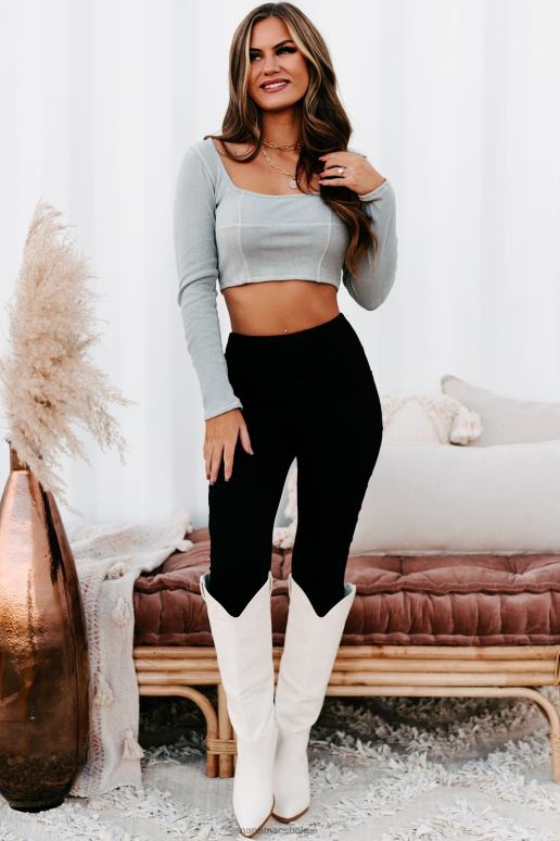 heide grijs linette crop top met contrasterende stiksels en lange mouwen NanaMacs HPTT1507