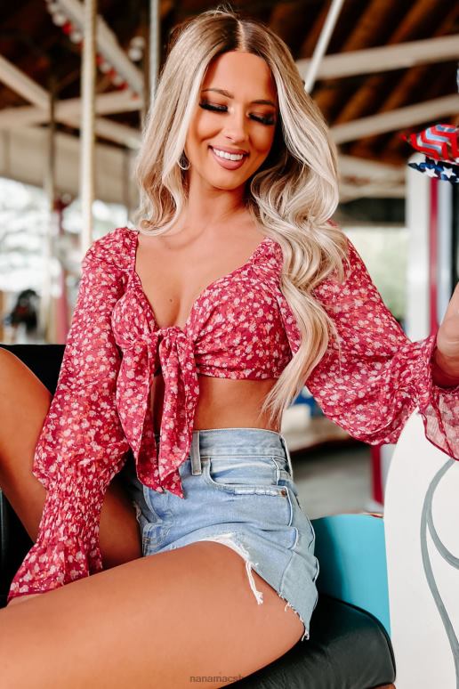 marsala multi Minerva crop top met gestrikte voorkant en bloemen NanaMacs HPTT1344