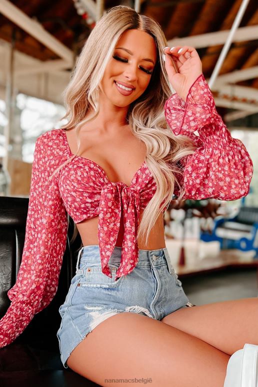 marsala multi Minerva crop top met gestrikte voorkant en bloemen NanaMacs HPTT1344