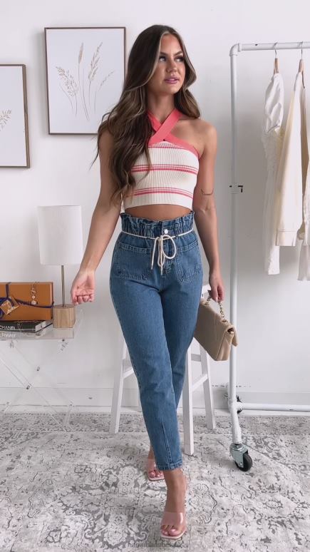 oranje een retro moment gestreept halter crop top NanaMacs HPTT1262