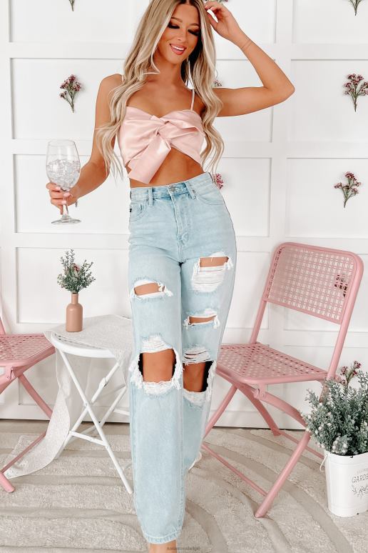 roze verdrinken in verlangen satijnen crop top met strik aan de voorkant NanaMacs HPTT239