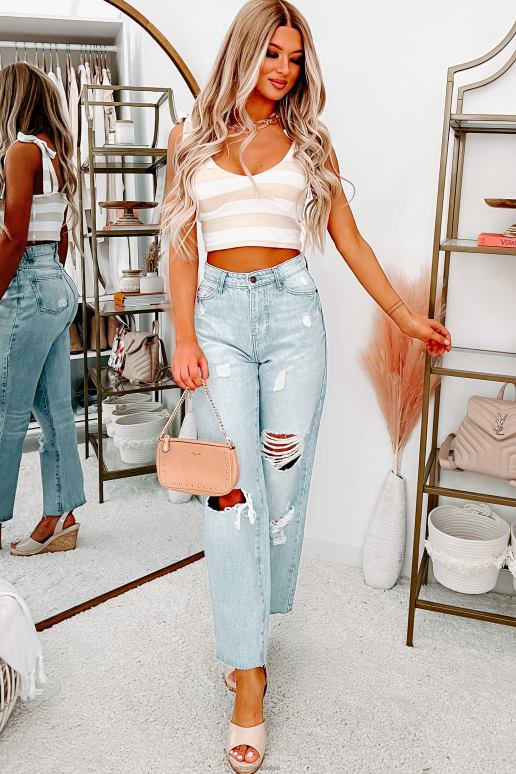 wit/taupekleurig alle goede redenen zachte gestreepte crop-top met gestrikte schouders NanaMacs HPTT1400