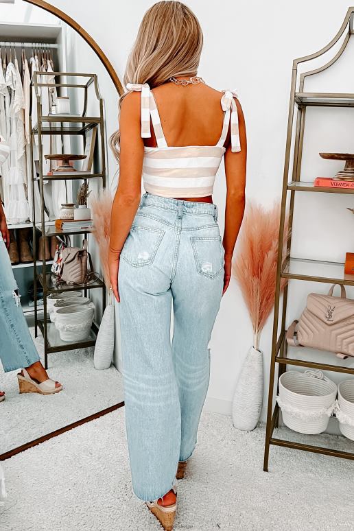 wit/taupekleurig alle goede redenen zachte gestreepte crop-top met gestrikte schouders NanaMacs HPTT1400