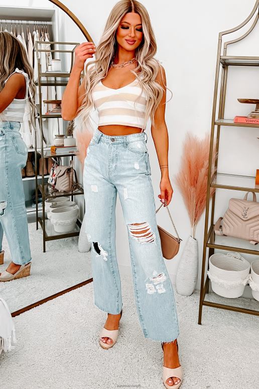 wit/taupekleurig alle goede redenen zachte gestreepte crop-top met gestrikte schouders NanaMacs HPTT1400