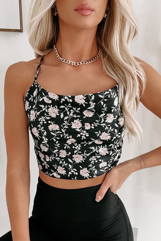 zwart bloeiend met vertrouwen satijnen gebloemde crop top NanaMacs HPTT860