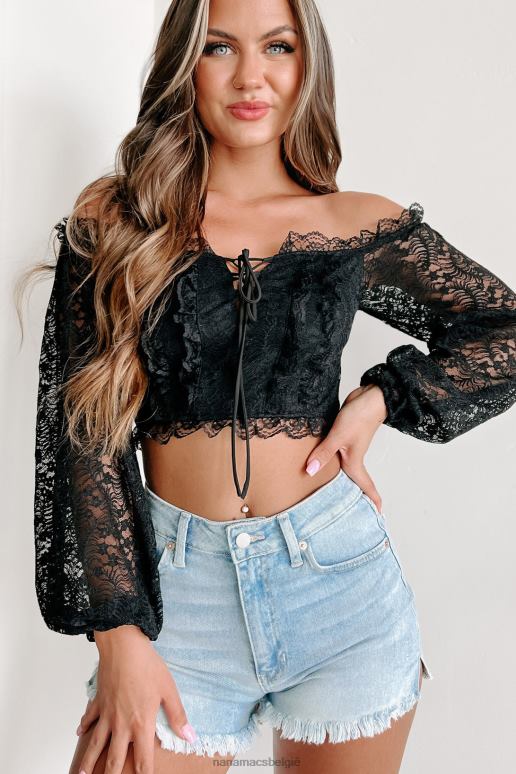 zwart down broadway off-the-shoulder kanten crop top NanaMacs HPTT54