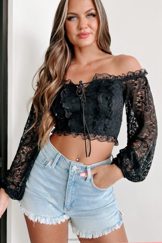 zwart down broadway off-the-shoulder kanten crop top NanaMacs HPTT54