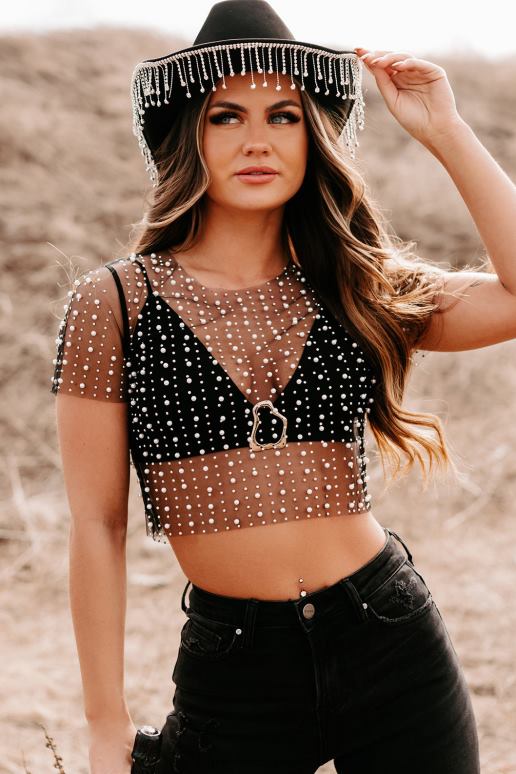 zwart geen remmingen parel strass mesh crop top NanaMacs HPTT129